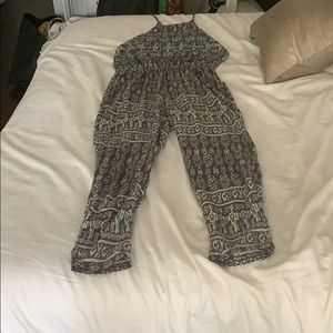 Gray Zara halter jumpsuit with blue & white print